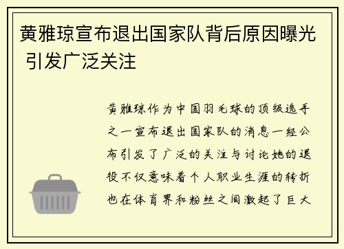 黄雅琼宣布退出国家队背后原因曝光 引发广泛关注